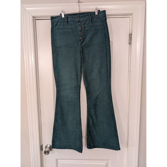 American Eagle Corduroy Flare Leg Pants Super High Rise Green Sz 12 retro 70s - Picture 1 of 8